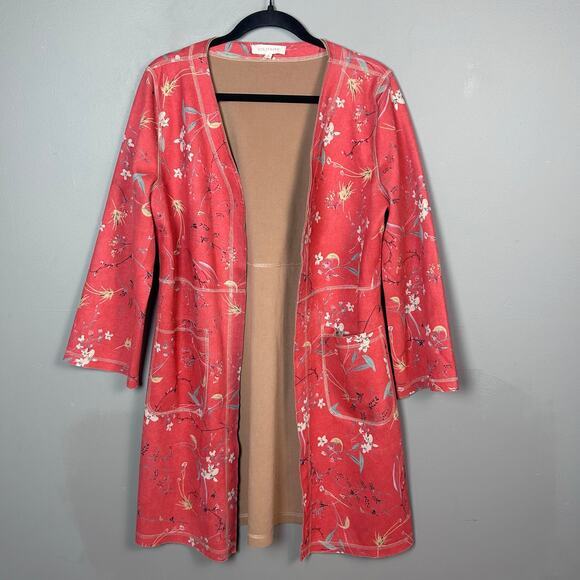 Solitaire‎ jacket Medium Red Floral Kimono Asian inspired open cascade - Picture 3 of 8
